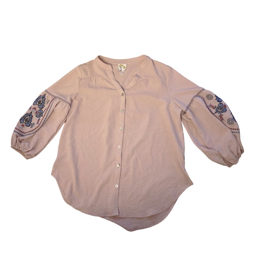 Fig & Flower Boho Embroidered Peasant Blouse Dusty Rose Mauve Balloon Sleeve M